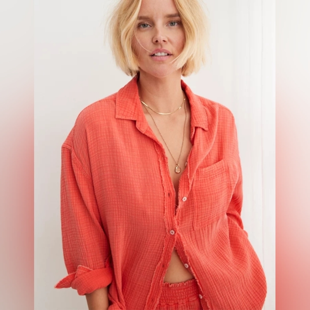 Aerie Gauzy Cotton Coverup Button Down Oversized Shirt In Resort Red Sz M